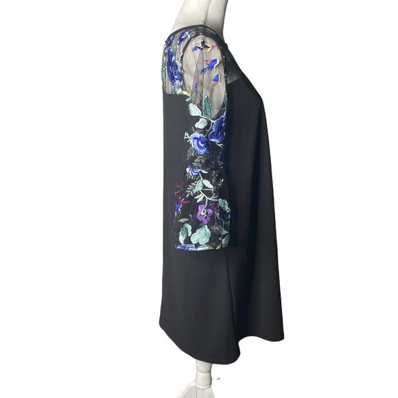 Roz & Ali Black Floral Shift Dress Sz 4 Sheer Embroider Women Elegant Bell 3/4 - Picture 4 of 10